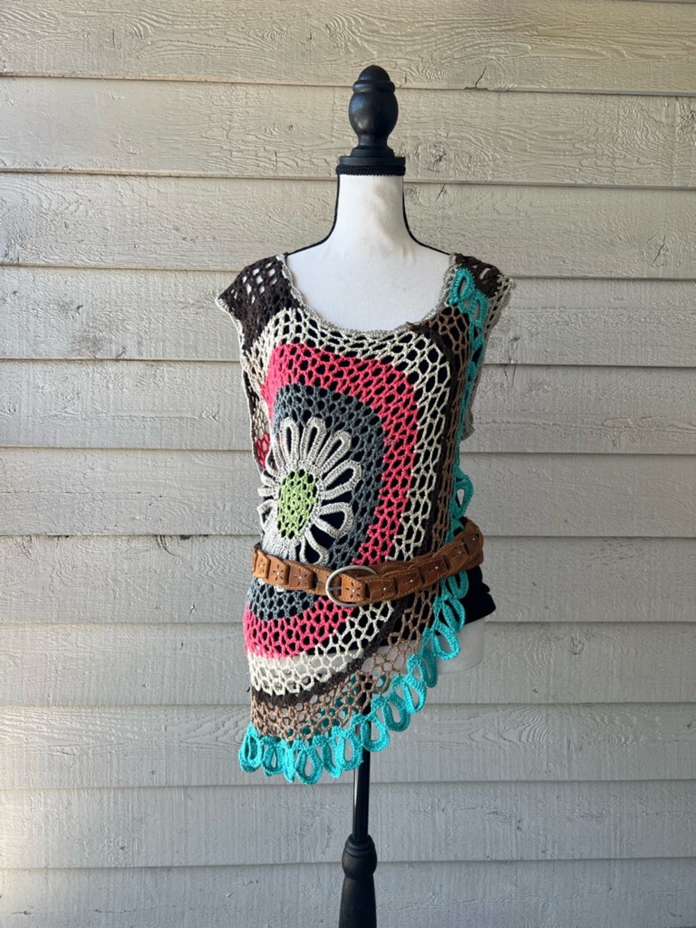 Y2K Crochet Floral Asymmetrical Tunic Top in Teal, Pink & Brown Festival